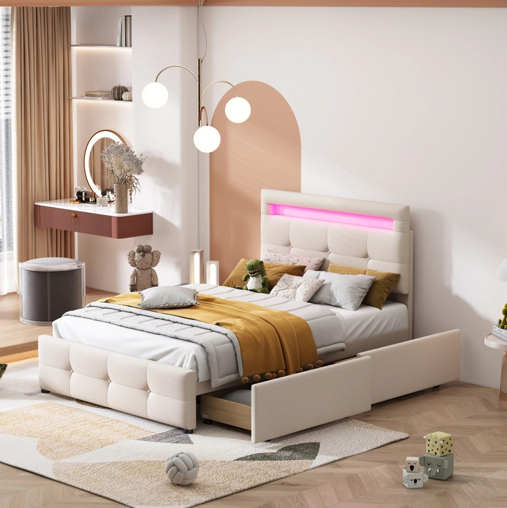 Letto 90x200 cm con LED, 2 cassetti e struttura in legno imbottita beige