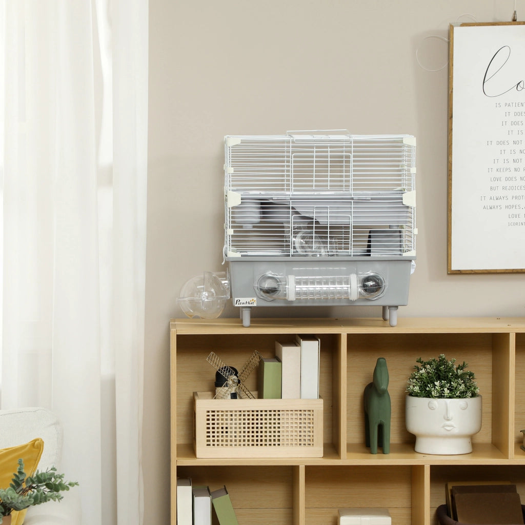 Gabbia per Criceti a 2 Livelli con Ruota ¨C Minimal ¨C Grigio e Bianco 44.5x28x44 cm