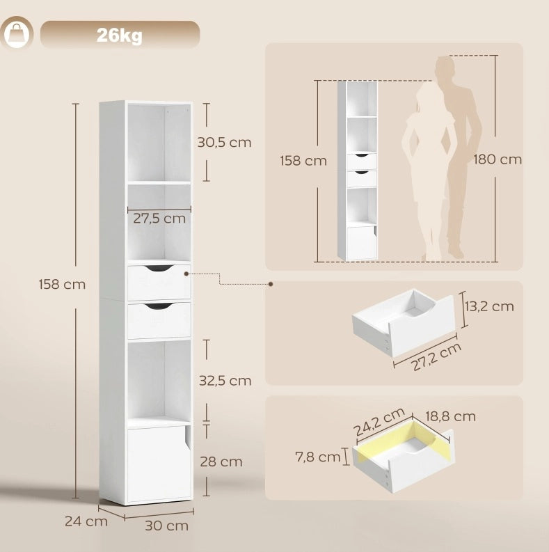 Libreria sottile bianca con 2 cassetti e 3 ripiani aperti 30x24x158 cm per ufficio e camera da letto