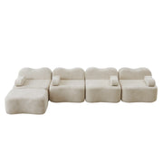Divano angolare modulare 4 posti con pouf, seduta profonda e braccioli mobili, in schiuma 32D e velluto beige