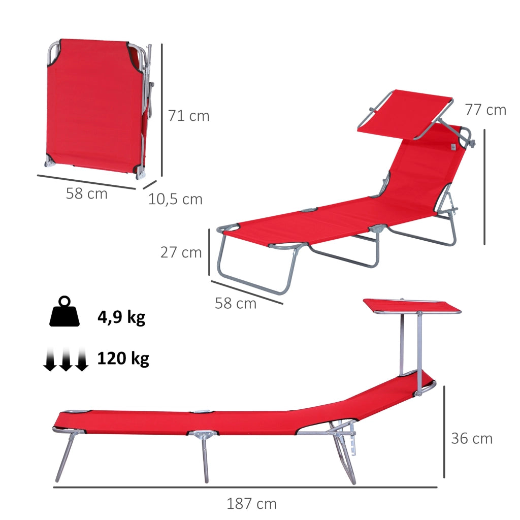 Lettino prendisole pieghevole con tettuccio, schienale regolabile 4 posizioni, per giardino spiaggia piscina campeggio, max 120 kg, rosso