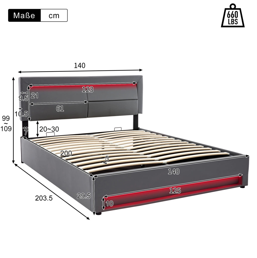 Letto imbottito 140x200 cm in PU grigio con LED e USB