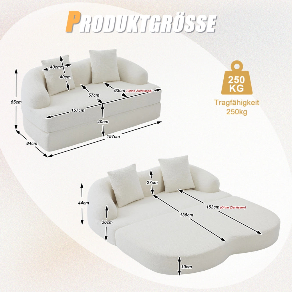 Divano letto 2 posti in chenille beige, multifunzione con due cuscini, trasformabile per soggiorno e camera ospiti