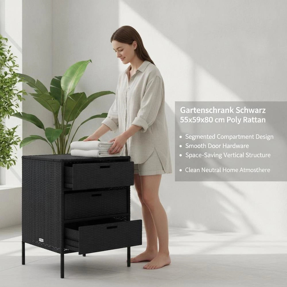 Garden Cabinet, Black, 55x59x80 Cm, Poly Rattan