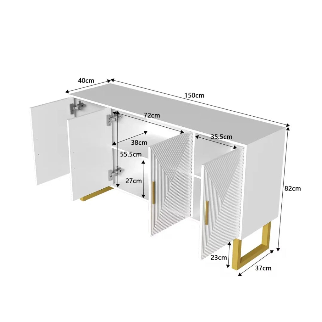 Maderna moderna bianca 150 cm, 4 ante con maniglie dorate, ante strutturate lucide, ripiani regolabili in altezza