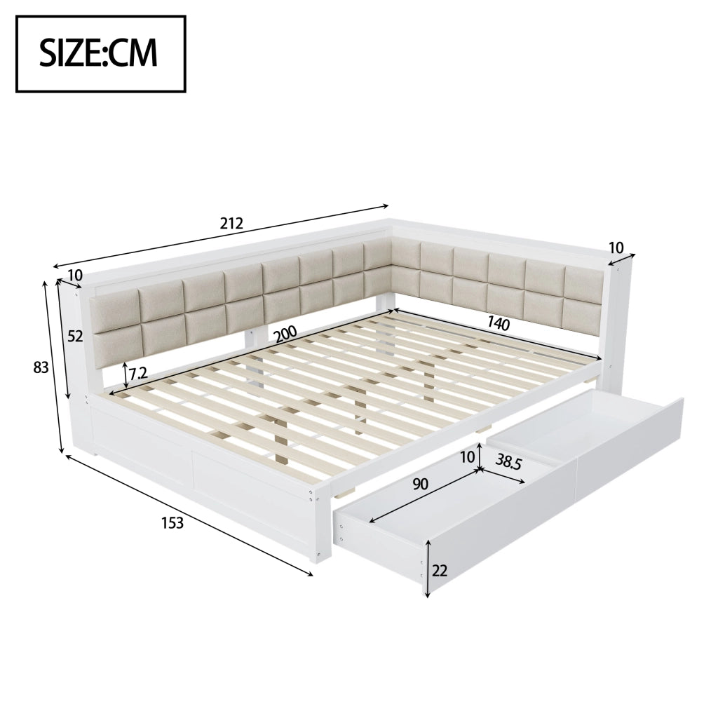 Divano letto 140 × 200 cm trasformabile con due cassetti schienale morbido in legno bianco