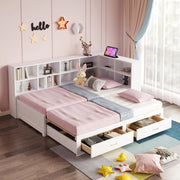 Letto con letto estraibile 90 × 190 cm estensibile a 180 × 190 cm con cassetti e prese multifunzione bianco