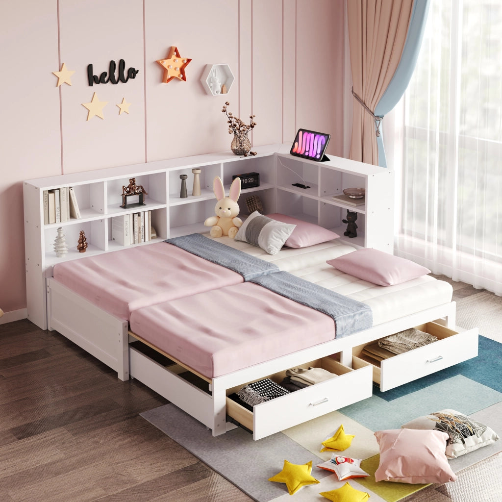 Letto con letto estraibile 90 × 190 cm estensibile a 180 × 190 cm con cassetti e prese multifunzione bianco