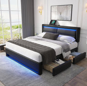 Letto imbottito 140x200 cm con LED, USB e 4 cassetti nero