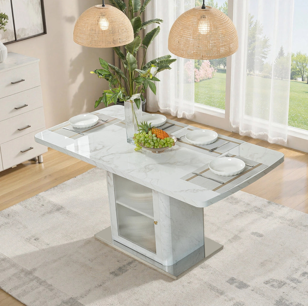 Tavolo da pranzo allungabile 120-160x80 cm con mobile contenitore; MDF e acciaio; bianco