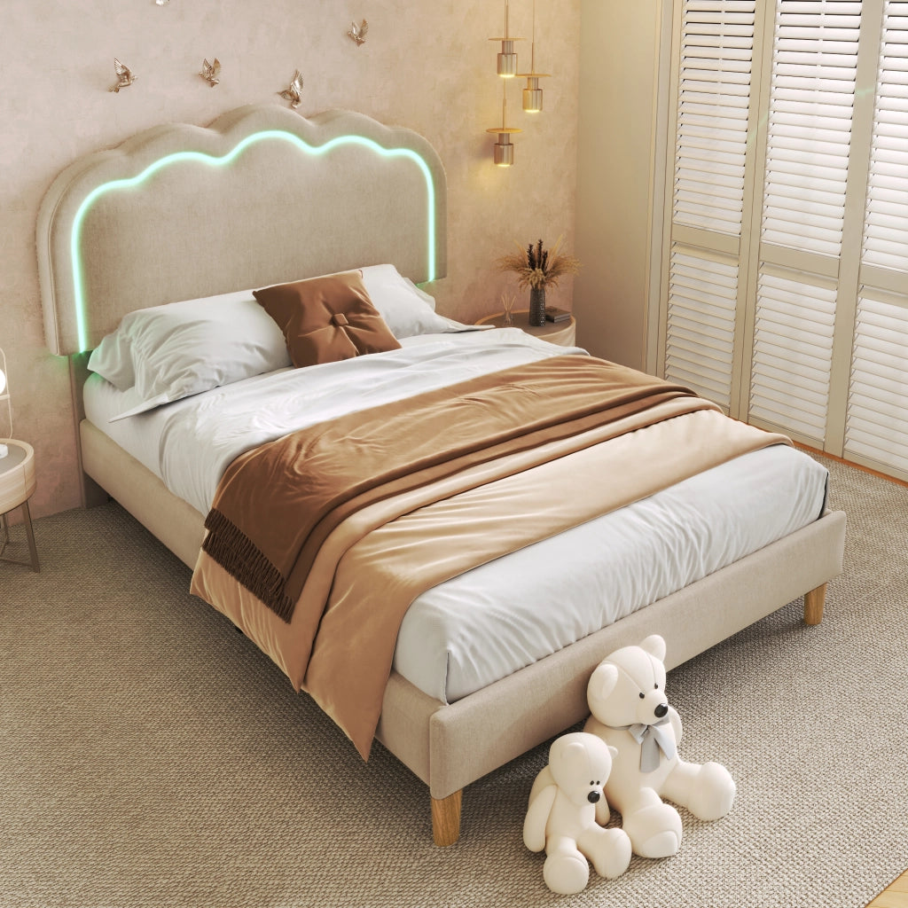 Letto singolo 90 × 200 cm con testiera LED regolabile imbottito in lino beige per camera da letto e ospiti