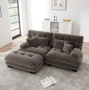 Divano modulare in chenille marrone con ottoman mobili; cuscini lombari e decorativi