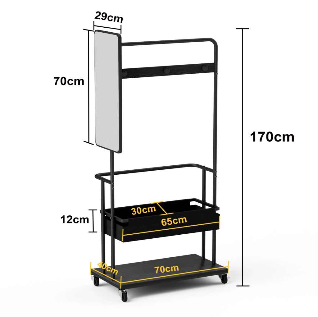 Appendiabiti mobile in metallo con specchio 70x40x170 cm, design 3-in-1 con cesto e ruote, colore nero