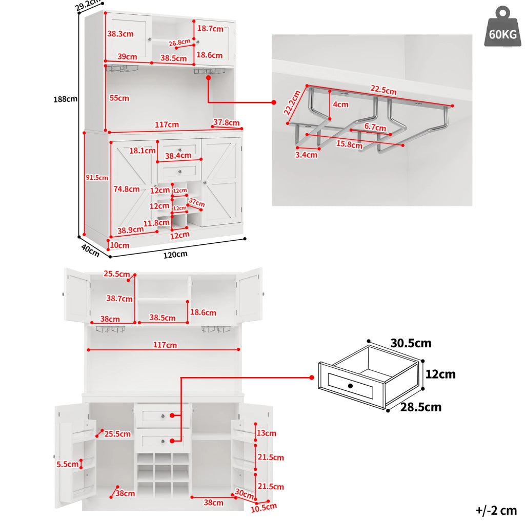 Mobile buffet da cucina 120x40x188 cm con 4 ante, 2 cassetti e portabottiglie bianco HAVRYA