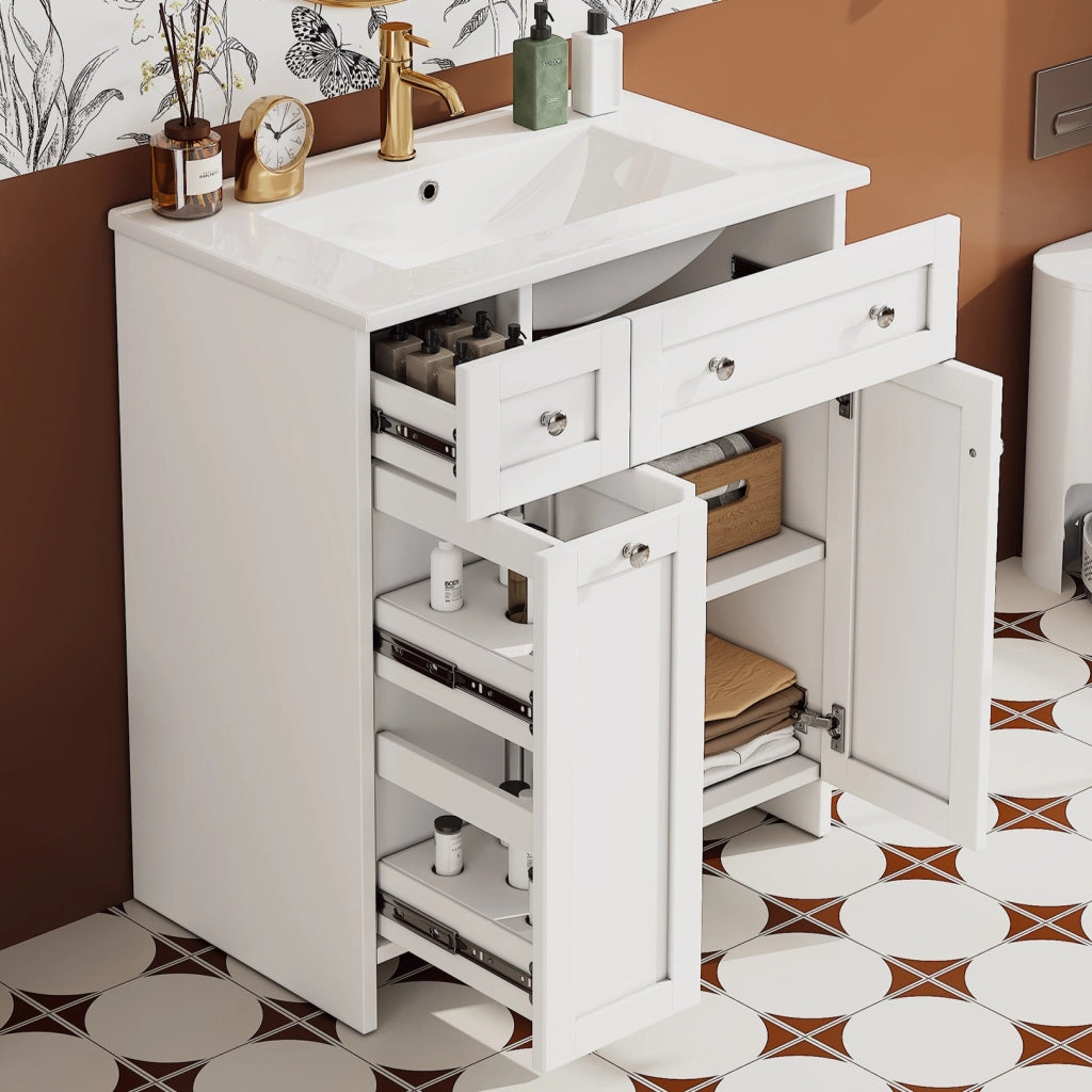 Mobiletto con lavabo a terra in MDF laccato con 3 cassetti e lavabo in ceramica bianco 76 × 47 × 86 cm
