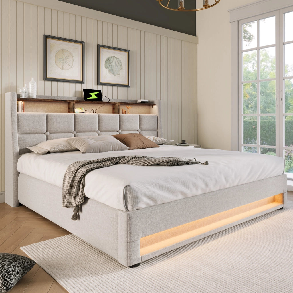 Letto contenitore 160 × 200 cm con LED e USB testiera imbottita rivestito in lino beige chiaro con rete a doghe