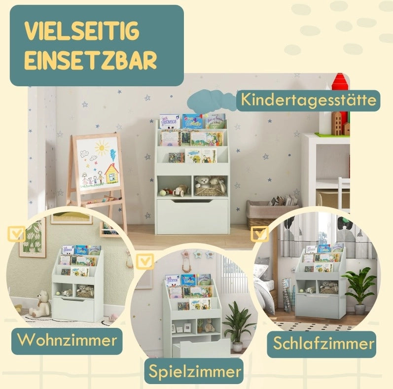 Libreria per bambini con cassetto e ripiani verde 60x29,9x90 cm