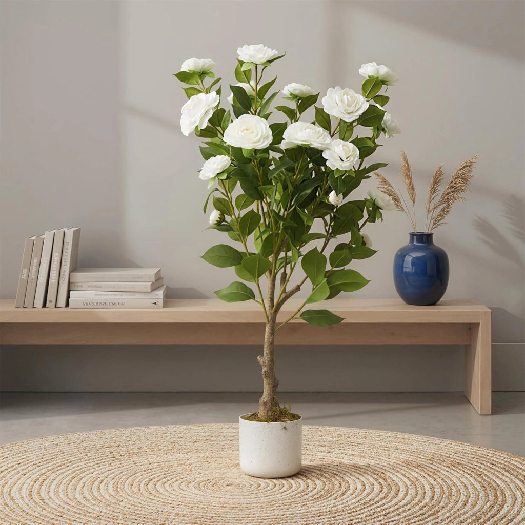 Camelia Artificiale Fiorita 85 cm Pianta da Interno ed Esterno in Vaso
