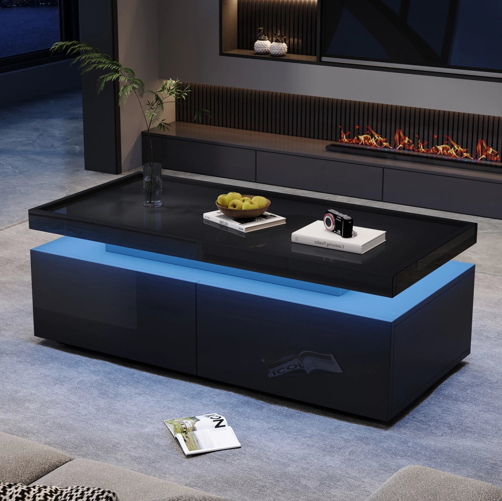 Tavolino da salotto nero lucido con LED e 2 cassetti