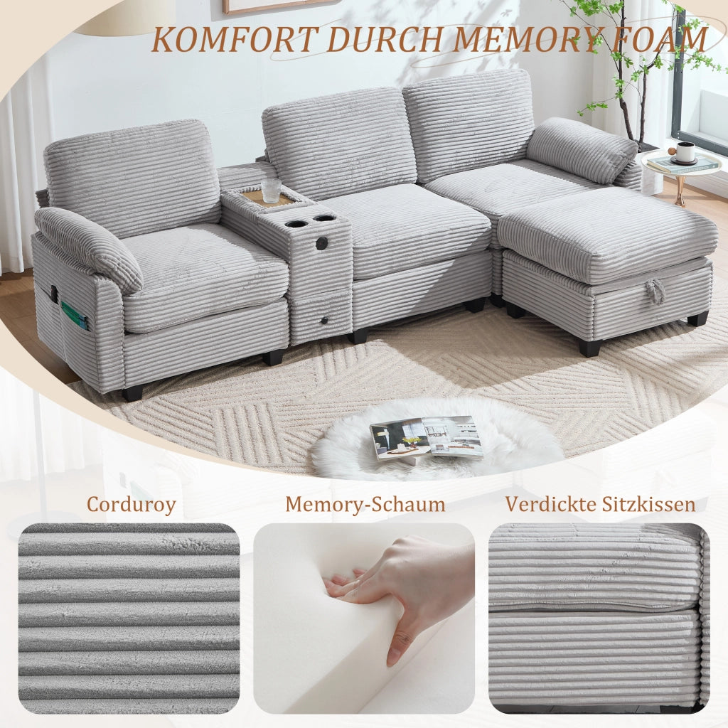 Divano 266x136 cm con memory foam; USB-C; console scorrevole e pouf contenitore in velluto a coste grigio chiaro