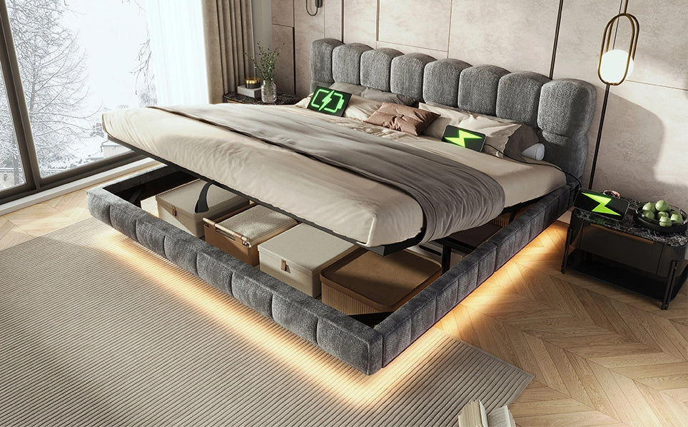 Letto imbottito matrimoniale 180x200 cm grigio con contenitore idraulico, illuminazione LED e porte di ricarica USB e Tipo-C