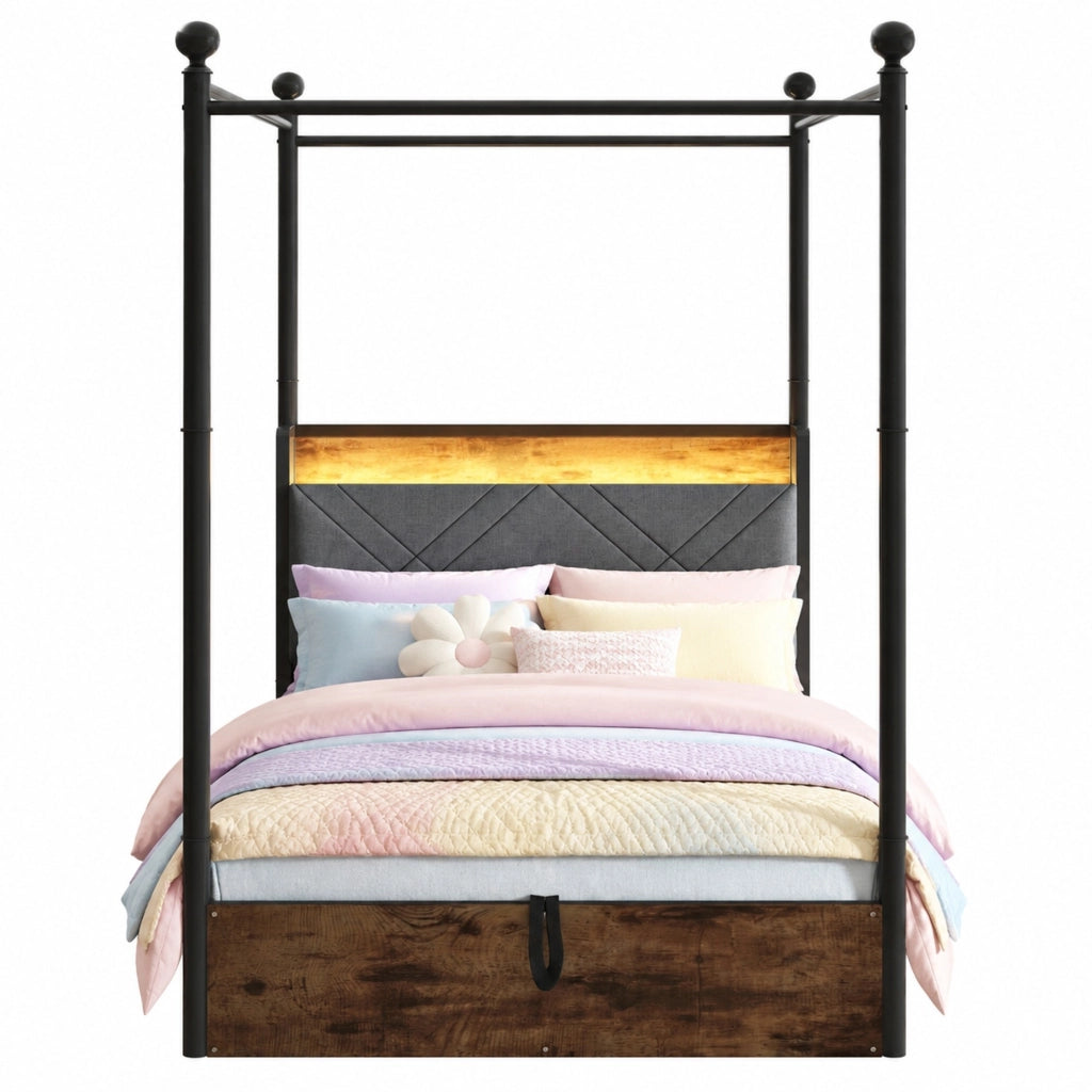 Letto a baldacchino 90x190 cm con contenitore idraulico, LED e USB-C in ferro nero