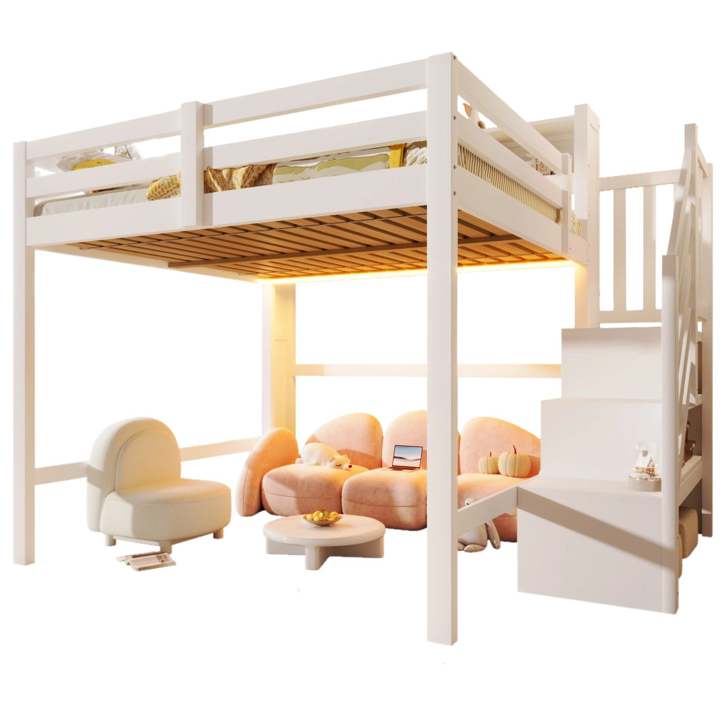 Letto a soppalco 140x200 cm con LED; scala contenitore e struttura bianca
