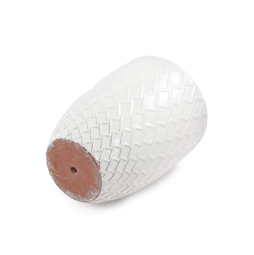Grande Vaso da Fioriera in Ceramica Artigianale, 42 cm di Diametro × 54 cm di Altezza, Bianco Lucido con Motivo a Rombo, Traspirante e Resistente al Gelo con Fori di Drenaggio
