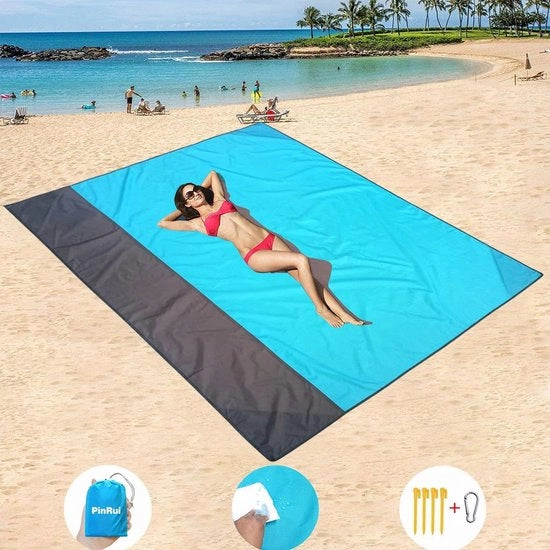 Asciugamano da spiaggia grande 210*175cm impermeabile resistente al sabbia per 4-7 adulti per viaggiare campeggiare escursioni festival di musica 4 pile fisse+1 chiusura metallica