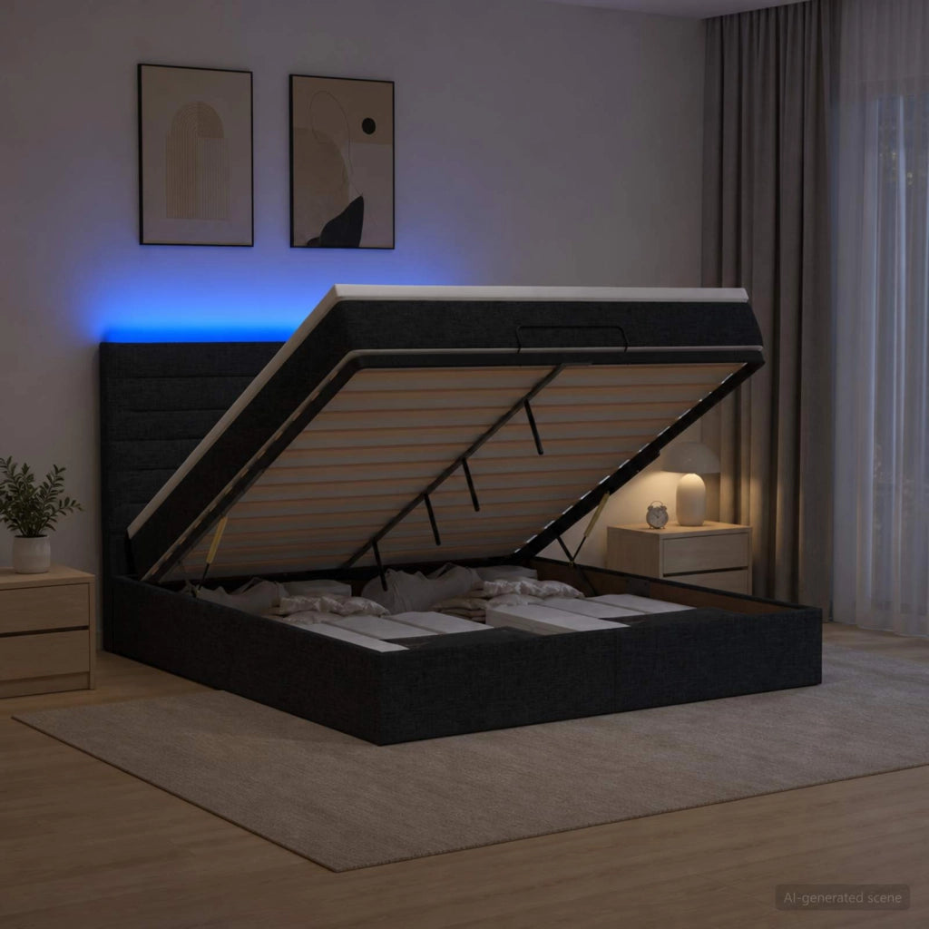 Letto Ottomano con Materasso e LED Nero 140 x 200 cm Tessuto 3457995