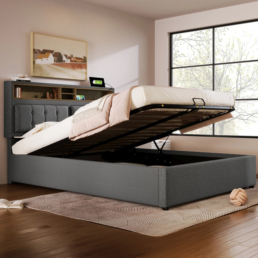 DESMIU Lit coffre 140 × 200 cm 2 posti con USB, Type-C e prese, testiera regolabile, senza materasso, grigio