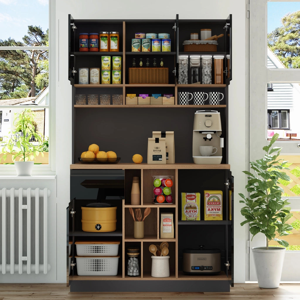 Mobile buffet da cucina con ripiani regolabili e cassetto; nero e naturale