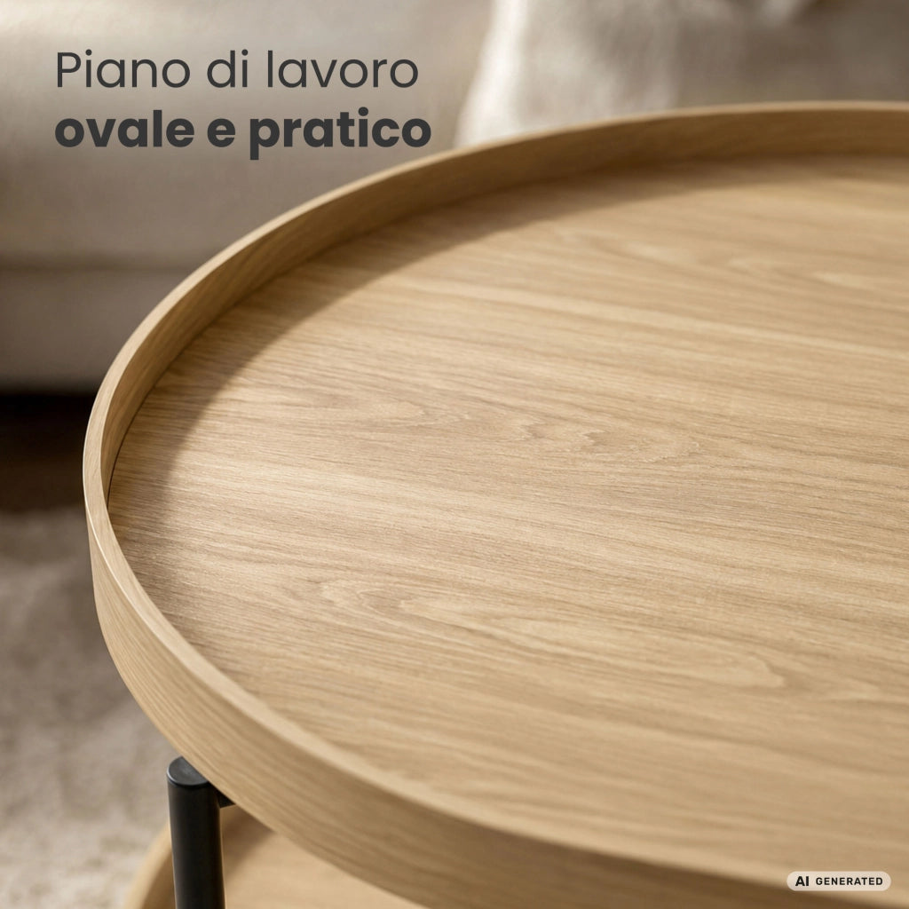 Tavolino da salotto stile loft CORTADO 90 cm ovale con ripiano legno naturale gambe nere