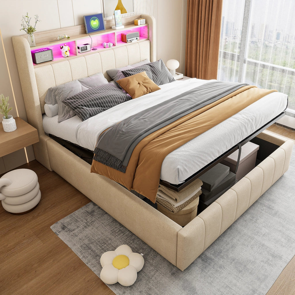 Letto imbottito matrimoniale 140x200 cm con LED e presa USB, testiera con ripiani e contenitore, sollevamento idraulico, per adulti, lino - Beige