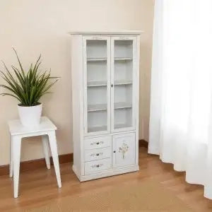 Vetrina cristalliera in legno bianco anticato decorato filo verde 1 anta 3 cassetti 2 ante vetro