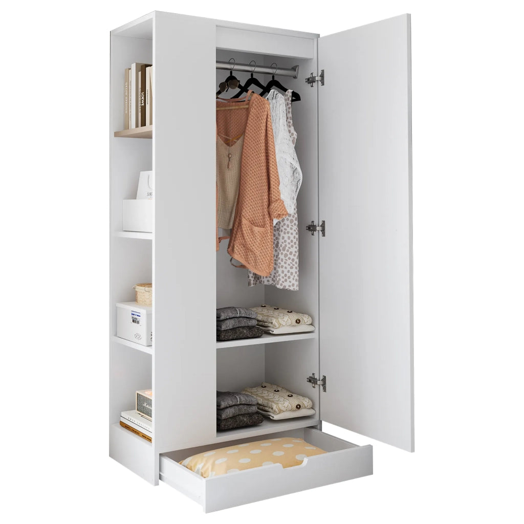 Armadio 70x40x170 cm, 1 anta, con ripiani e cassetti, bianco puro