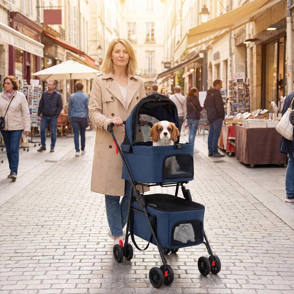 Passeggino Doppio per Animali 3 in 1 Pieghevole (Blu)
Carrozzina per Cani con Portapets Staccabili, Seggiolini Auto e 4 Ruote, Passeggino da Viaggio per Animali di Piccola Taglia