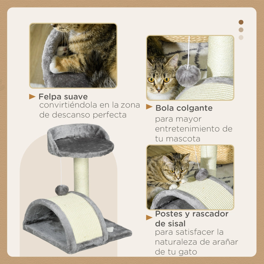 Tiragraffi per Gatti Piccoli ¨C Xylo ¨C Altezza 46 cm Piattaforme e Palla Grigio 35,5x37x46 cm