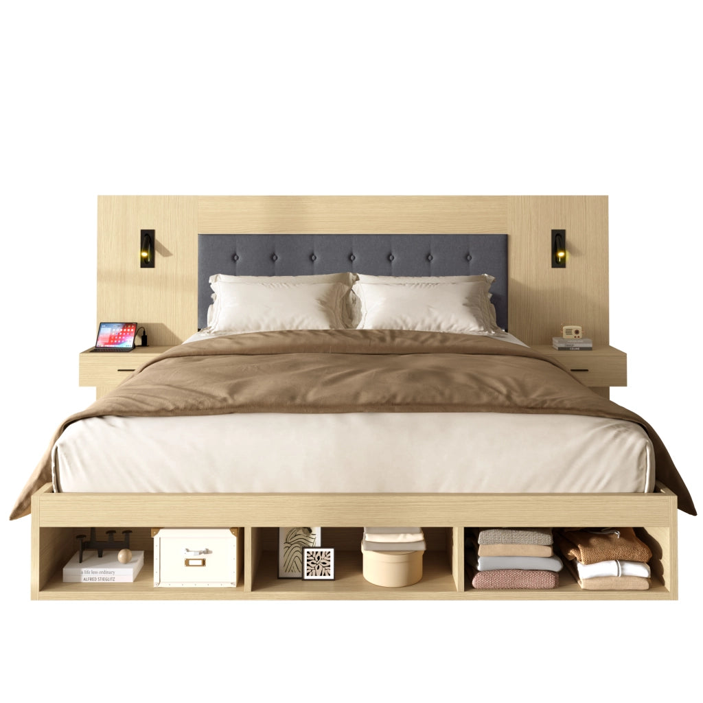Letto matrimoniale 180x200 cm effetto rovere chiaro con 2 comodini; lampade e USB-C