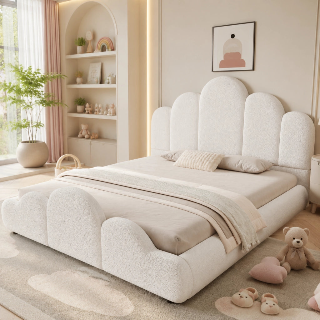 Letto imbottito per bambini 140x200 cm in bouclé beige con bordi arrotondati