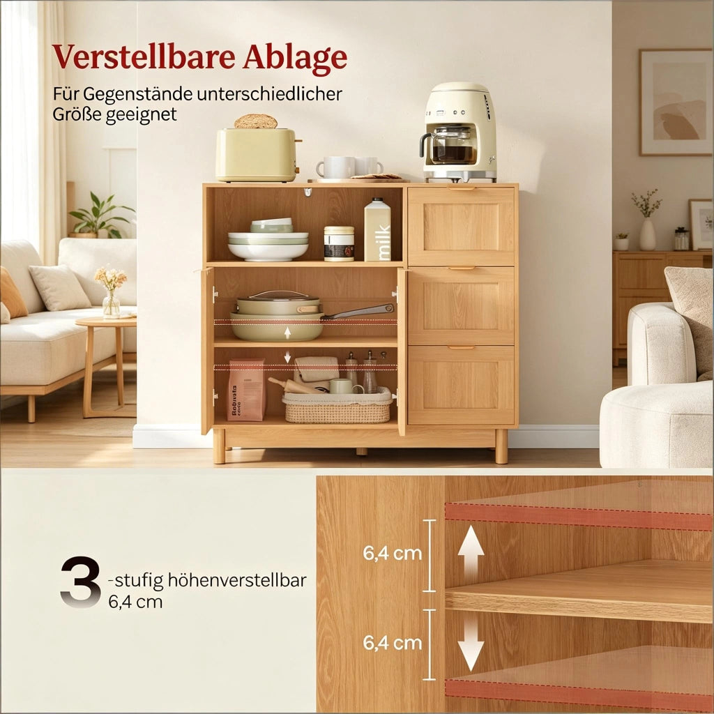 Credenza da cucina con 3 cassetti, vano aperto e ripiani regolabili, in MDF, effetto legno, 90 × 35 × 80 cm
