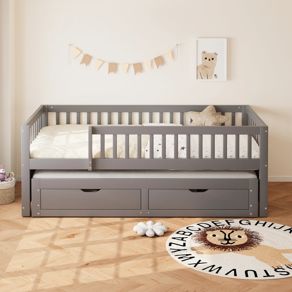 Letto con letto estraibile 90 × 200 cm due posti letto con due cassetti in legno grigio con rete a doghe