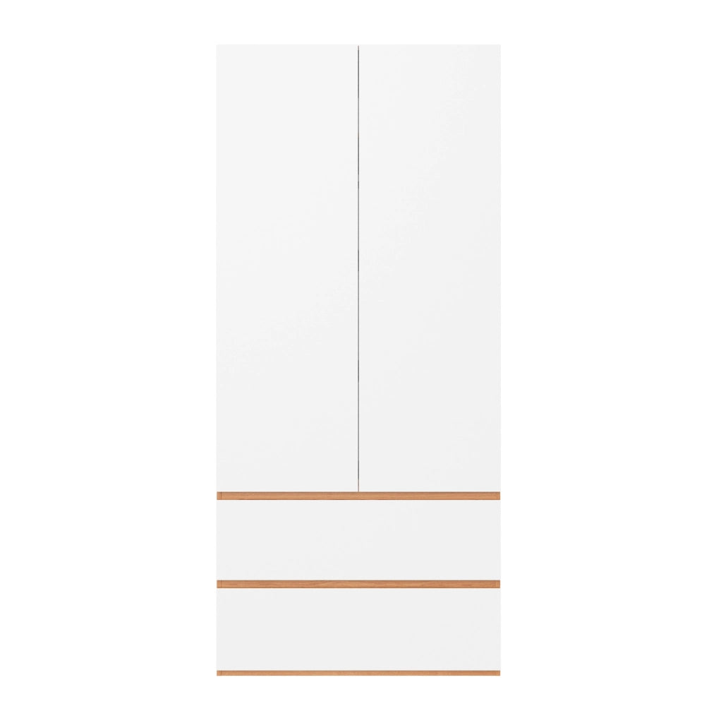 Armadio guardaroba con 2 ante, 2 cassetti, 1 barra appendiabiti, 90x50x200 cm, bianco con finiture rovere