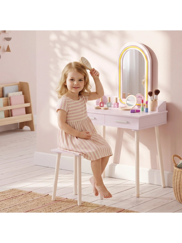 Kinder Schminktisch Set 2 in 1 mit LED-Spiegel für Mädchen Rosa