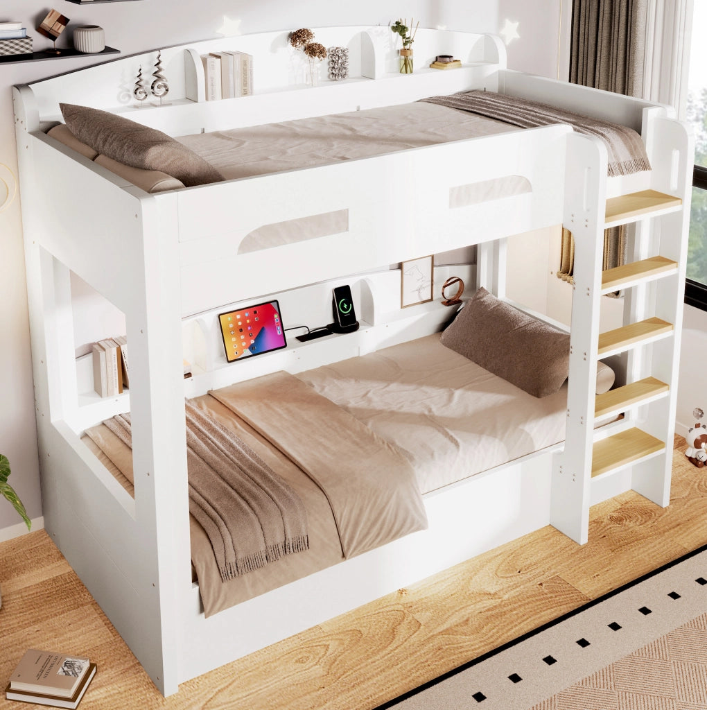 Letto a castello con presa USB e ripiani laterali 90 x 200 cm