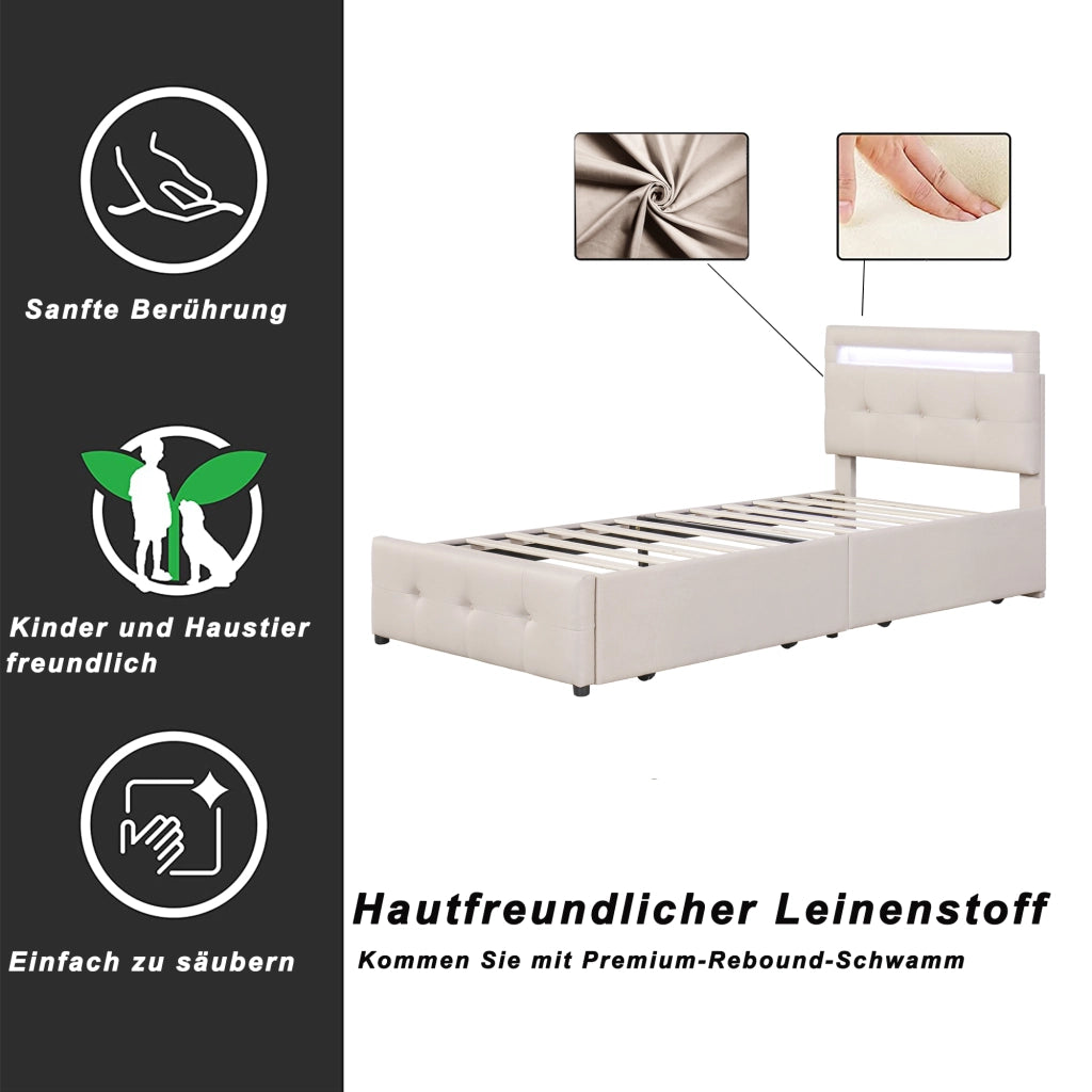 Letto con cassetti con LED e testiera regolabile imbottito beige con rete a doghe 210 × 99 × 100 106 cm
