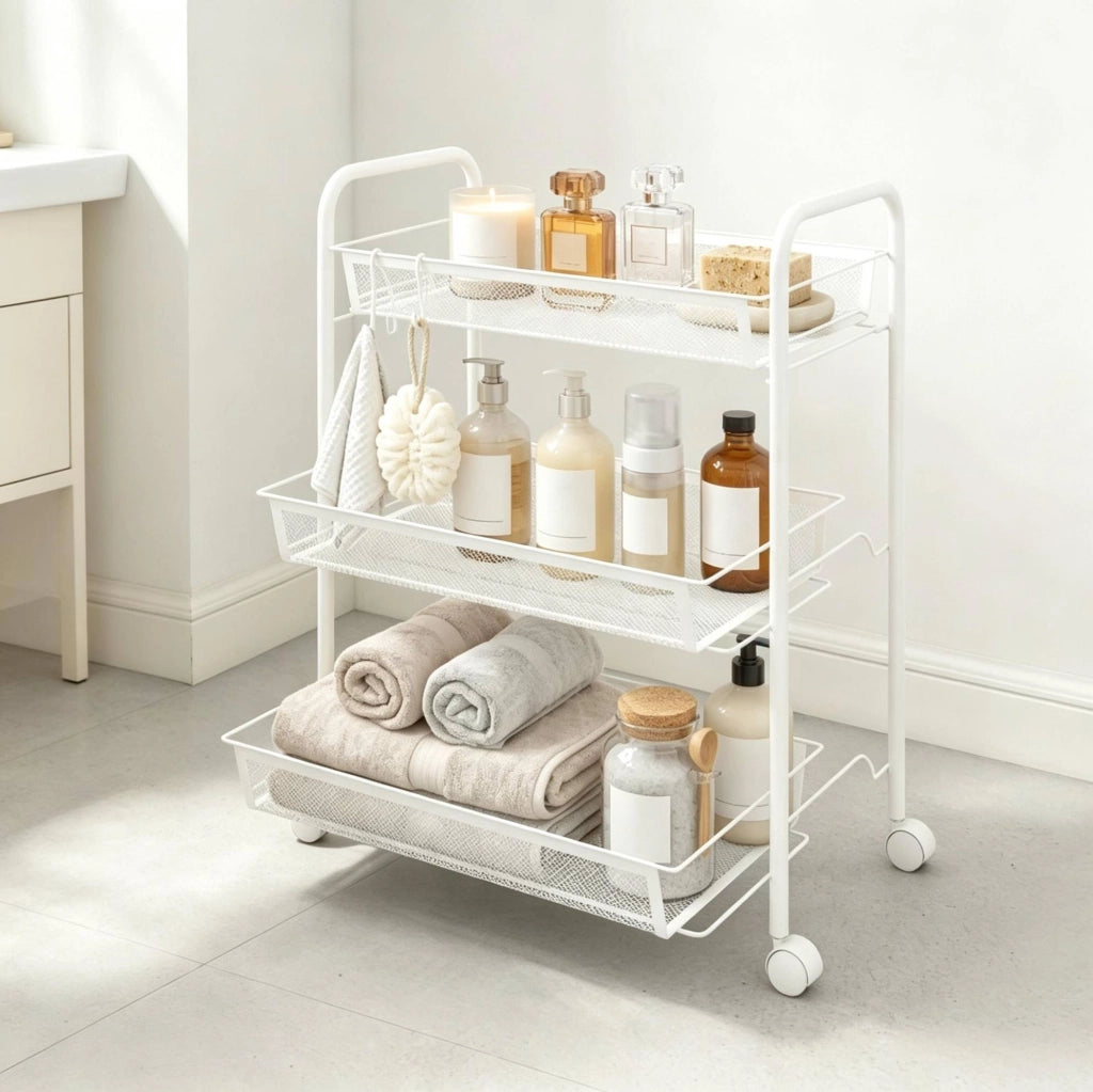 Carrello portavivande ULEVR a 3 livelli con cestelli, 4 ruote bloccabili e ganci, acciaio bianco 45x26,5x63 cm