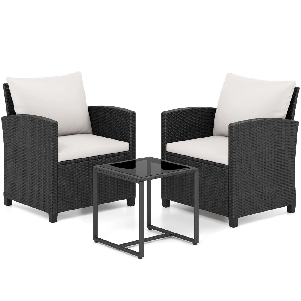 Set mobili da giardino a 3 pezzi con 2 poltrone e 1 tavolino in vetro temperato, Salotto da esterno in rattan PE Nero+Beige