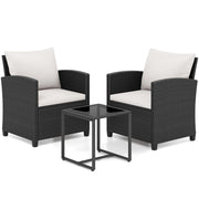 Set mobili da giardino a 3 pezzi con 2 poltrone e 1 tavolino in vetro temperato, Salotto da esterno in rattan PE Nero+Beige