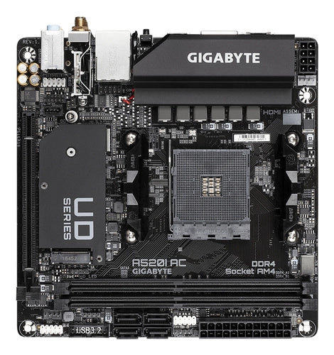 GIGABYTE A520I AC Scheda madre - Supporta CPU AMD Ryzen 5000 Series AM4, VRM digitale a 6 fasi, fino a 5300MHz DDR4 (OC), 1xPCIe 3.0 M.2, WIFI, GbE LAN, USB 3.2 Gen1